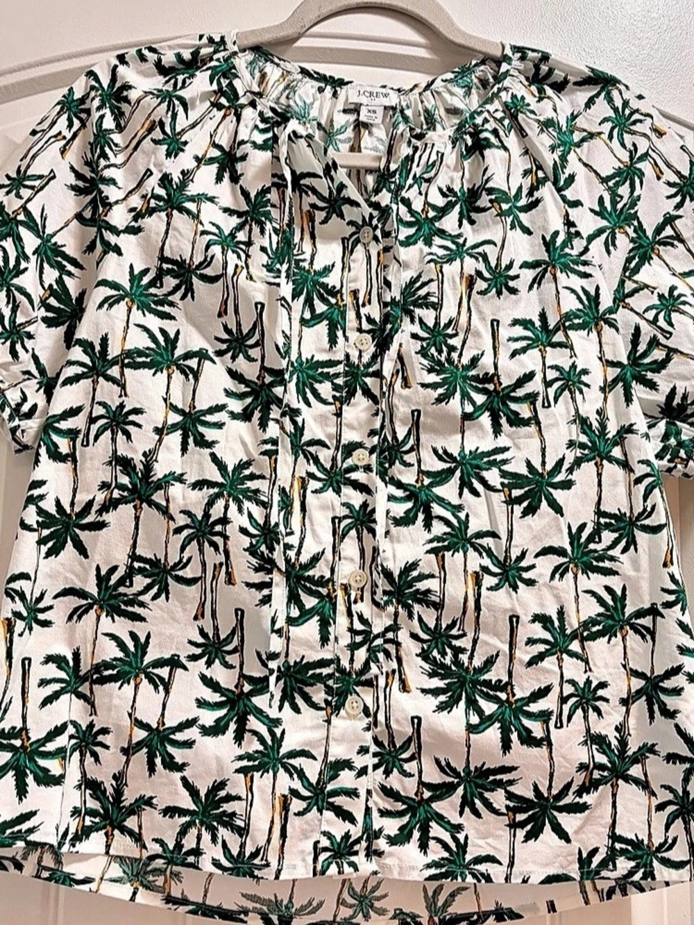 J.Crew Palm Tree Print Puff Sleeve Button-Up Top White & Green XS